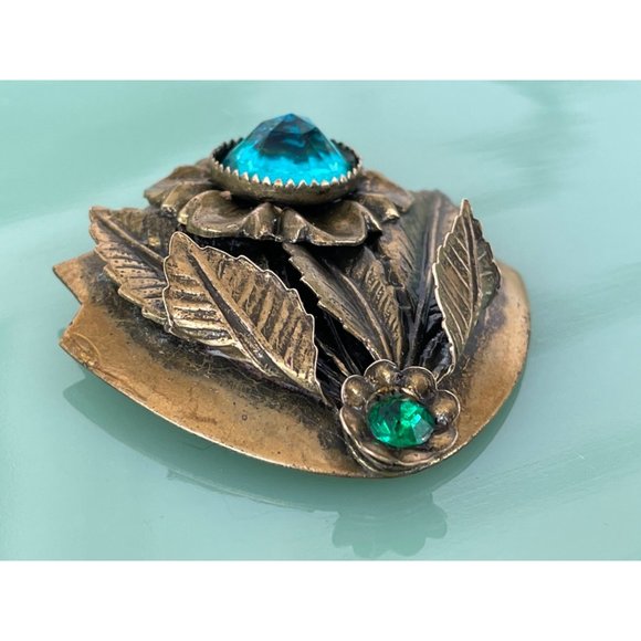 Antique Brass Flower Fur Clip Blue Rhinestone - Picture 3 of 6